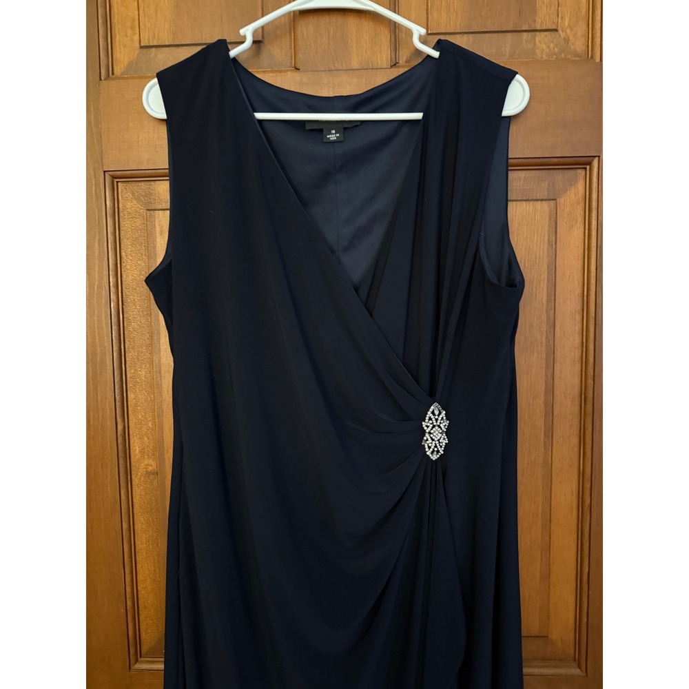 R&M Richards Faux-Wrap Cocktail Dress Womens 16 Navy Sleeveless Jeweled V-Neck